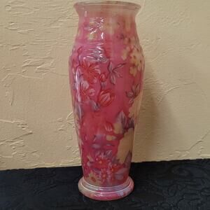 Vintage Pink Floral Artist Made Glass Vase MCM